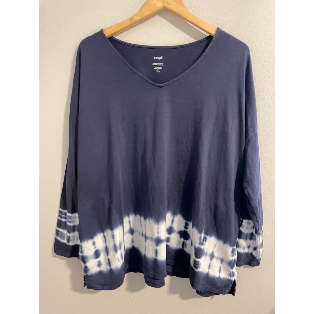 Pure Jill J. Jill Tie-Dyed V-Neck Top XL P Long Sleeves Side Pockets Blue Boho